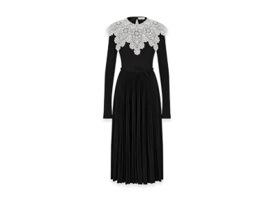 Dior Women's Mid-Length Pleated Dress Technical Jersey Lace "Black/White"