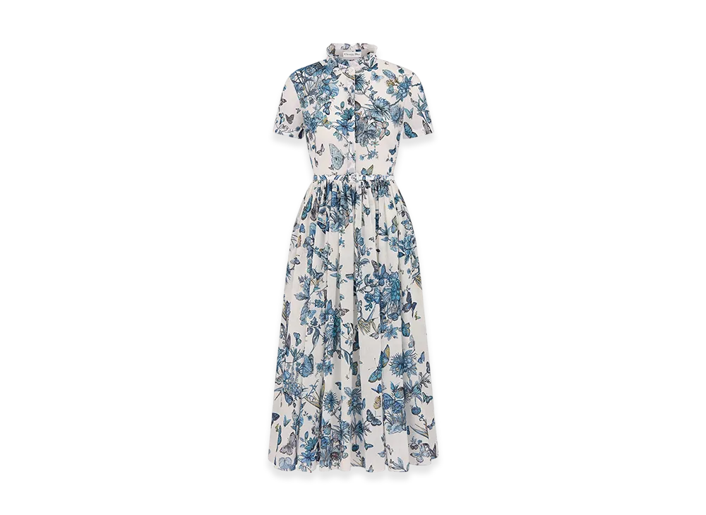 Dior Women's Mid-Length Shirt Dress Voile Toile Mexico Motif "White/Pastel Midnight Blue"