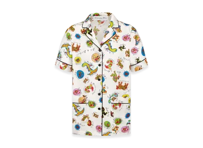 Dior Women's Short-Sleeved Shirt Silk Twill Dragon Zodiac Motif "White/Multicolor"