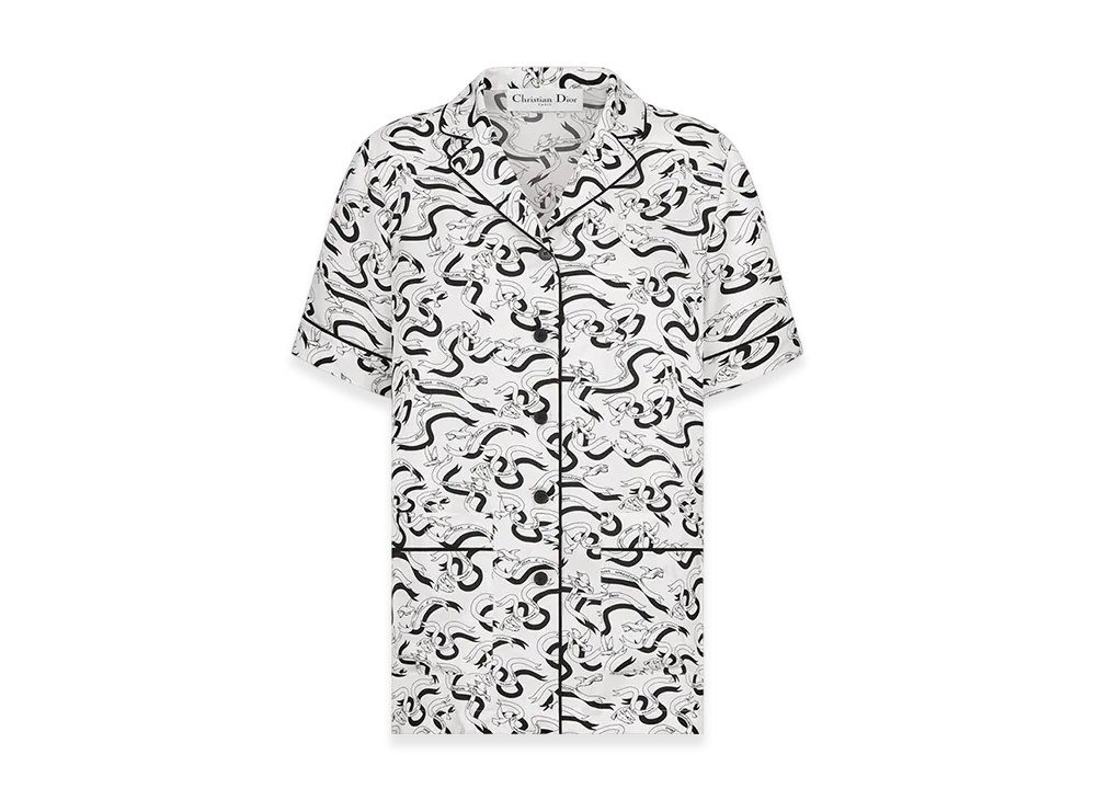 Dior Women's Short-Sleeved Shirt Silk Twill Colombe E Cartigli Motif "White/Black"