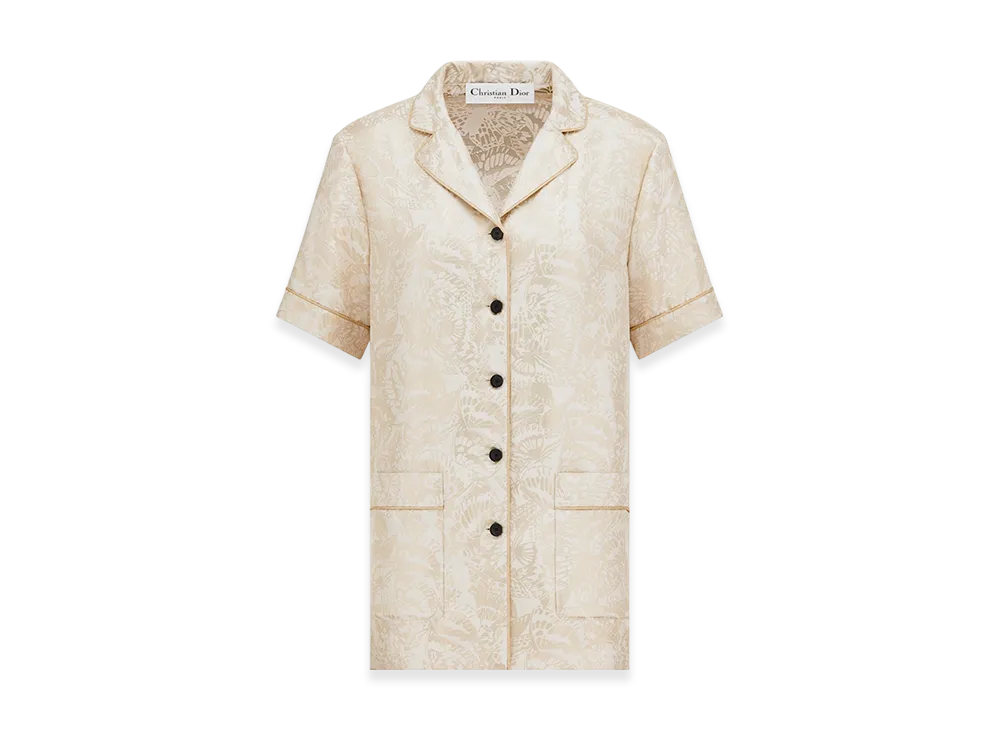 Dior Women's Short-Sleeved Shirt Silk Twill Gold Tone Allover Butterfly Motif "White/Gold"