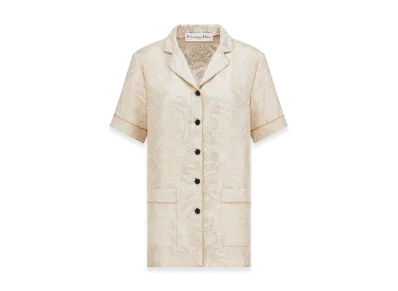 Dior Women's Short-Sleeved Shirt Silk Twill Gold Tone Allover Butterfly Motif "White/Gold"