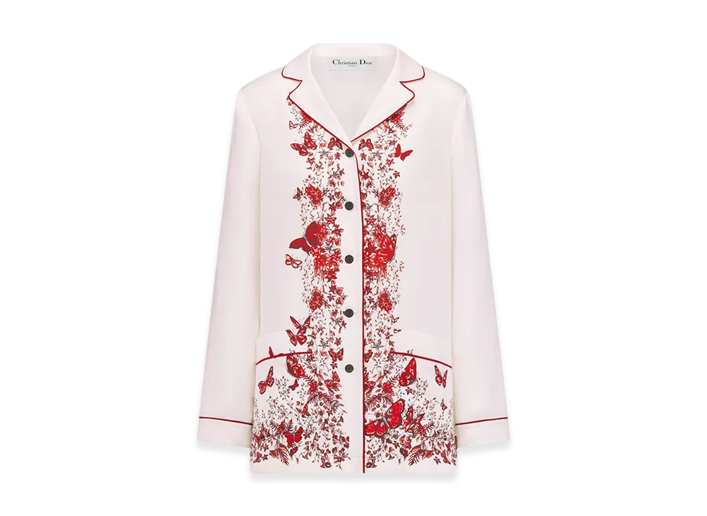 Dior Women's Shirt Silk Twill Le Coeurs Papillons Motif "White/Red"