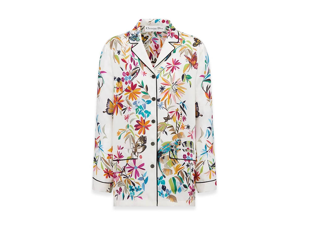 Dior Women's Shirt Silk Twill Fantastica Motif "White/Multicolor"
