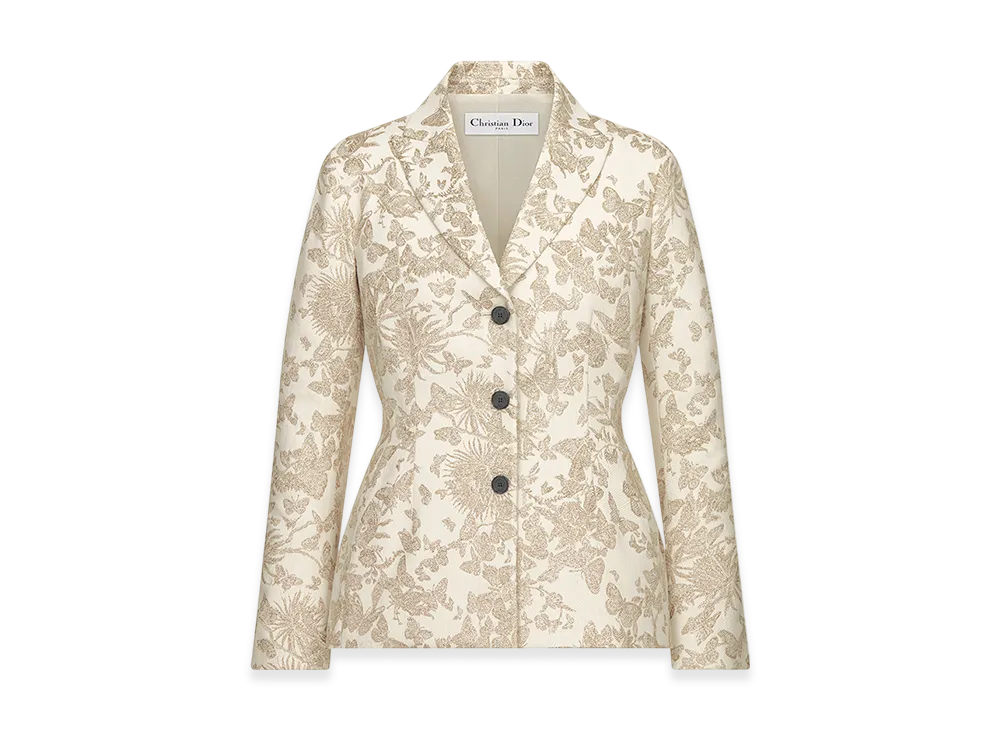 Dior Women's Fitted Jacket Technical Jacquard Allover Butterfly Motif "White/Gold"