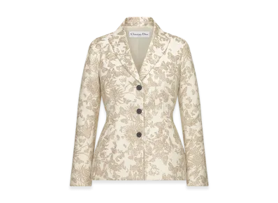Dior Women's Fitted Jacket Technical Jacquard Allover Butterfly Motif "White/Gold"
