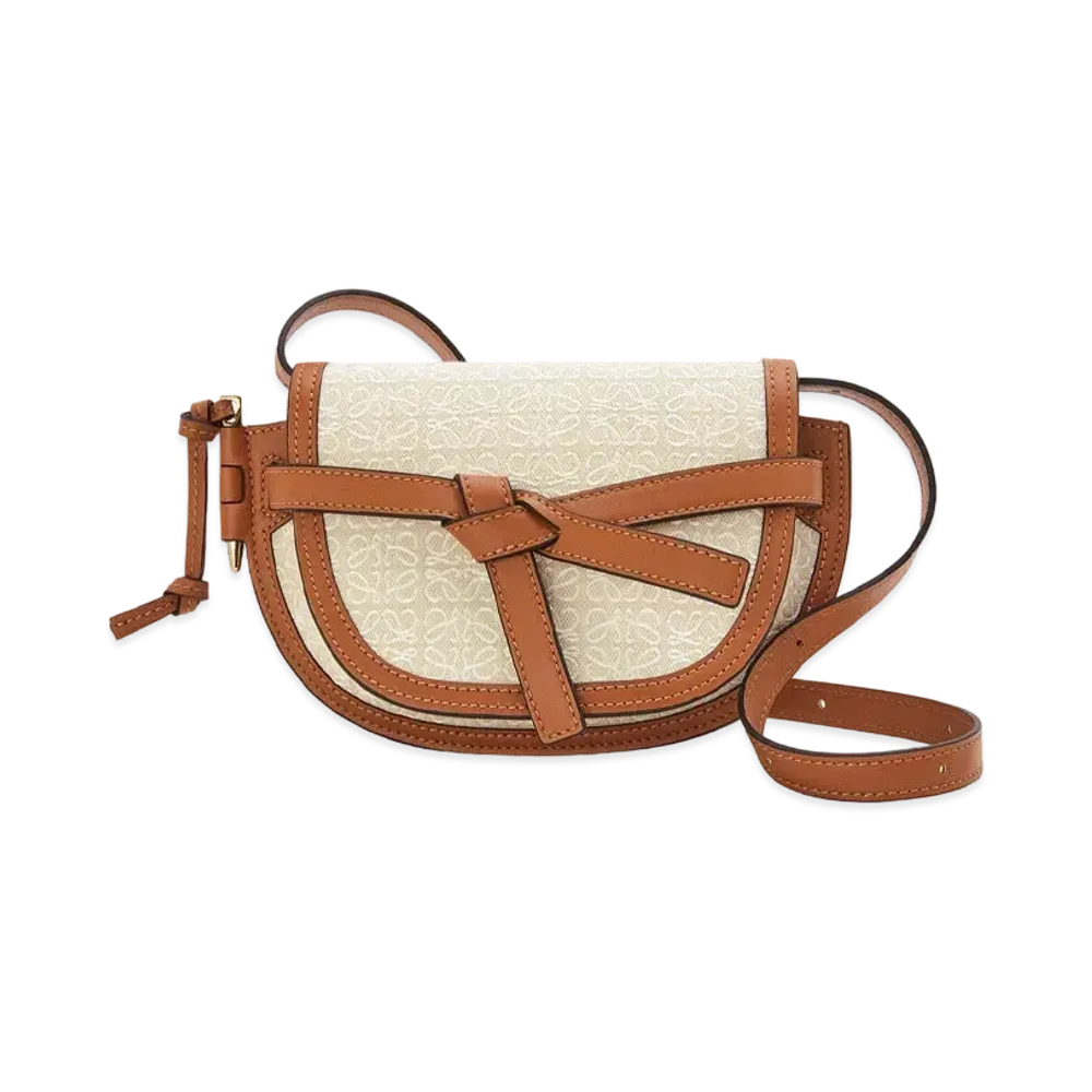 LOEWE Mini Gate Dual Anagram Bag In Jacquard And Calfskin "Ecru / Tan"