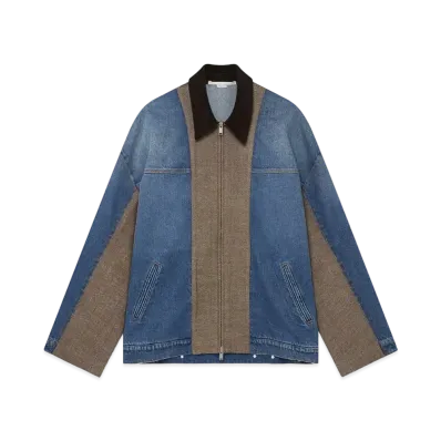 STELLA McCARTNEY Hybrid Panel Boxy Denim Jacket "Beige Tweed/Blue Denim"