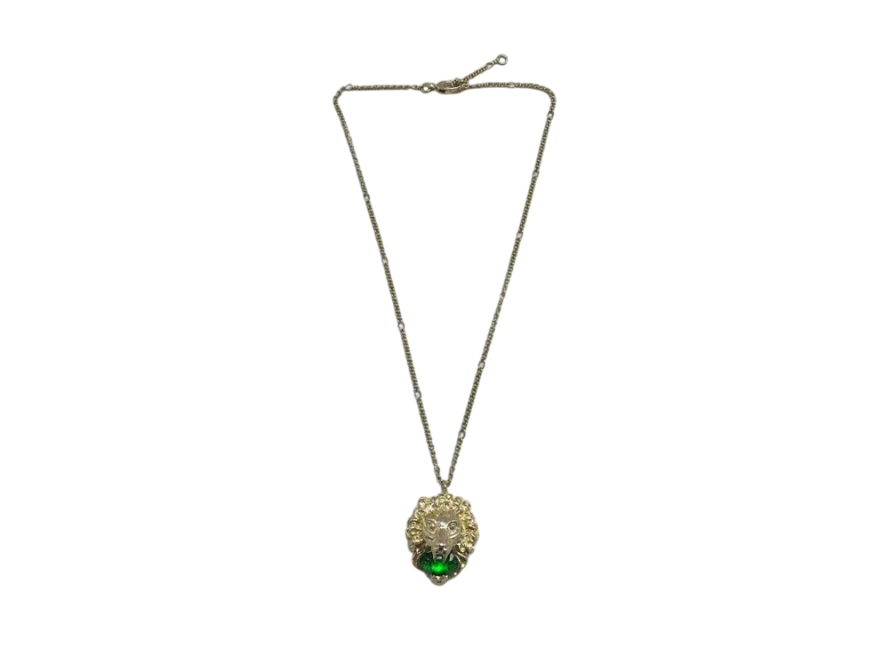 GUCCI Lion Head Rhinestone Necklace "Gold/Green"