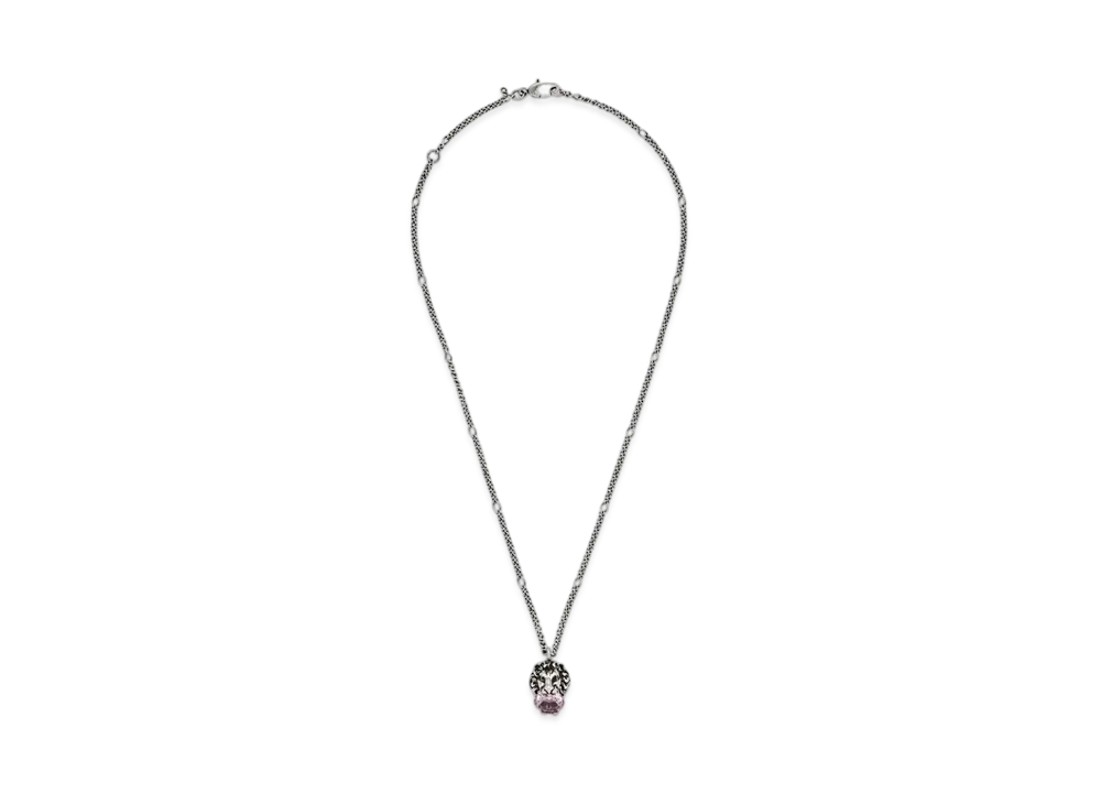 GUCCI Rhinestone Lion Head Necklace "Silver"