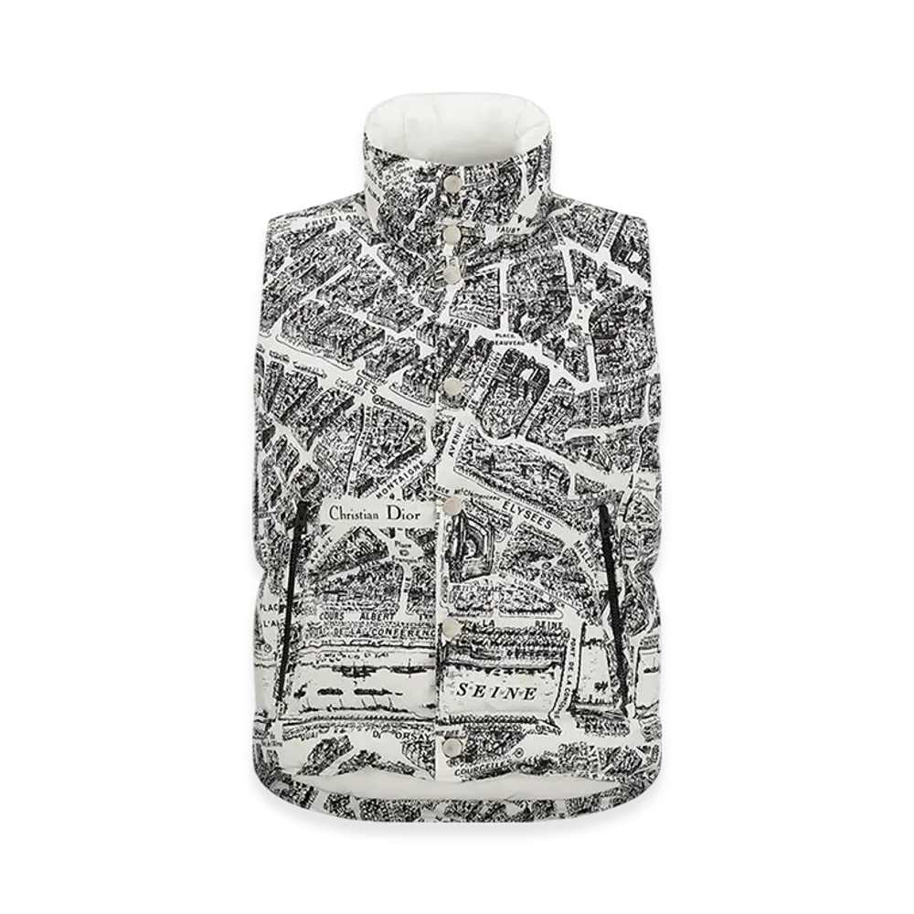 Dior Women's Dioralps Puffer Vest Quilted Technical Taffeta Plan Paris Motif "White/Black"