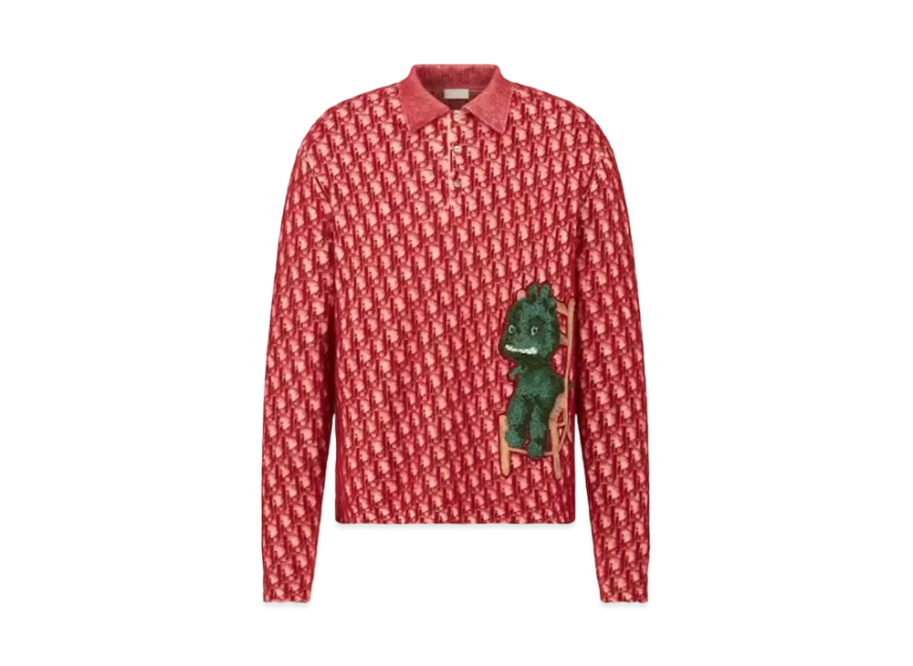 Dior & Otani Workshop Long Sleeved Polo Shirt Cotton, Mohair and Alpaca Jacquard "Red"