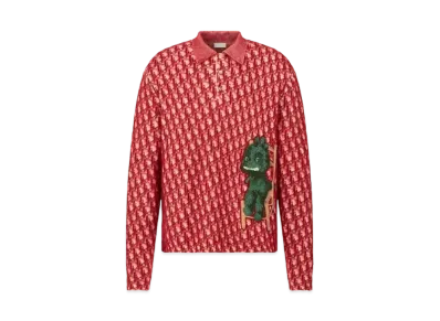 Dior & Otani Workshop Long Sleeved Polo Shirt Cotton, Mohair and Alpaca Jacquard "Red"