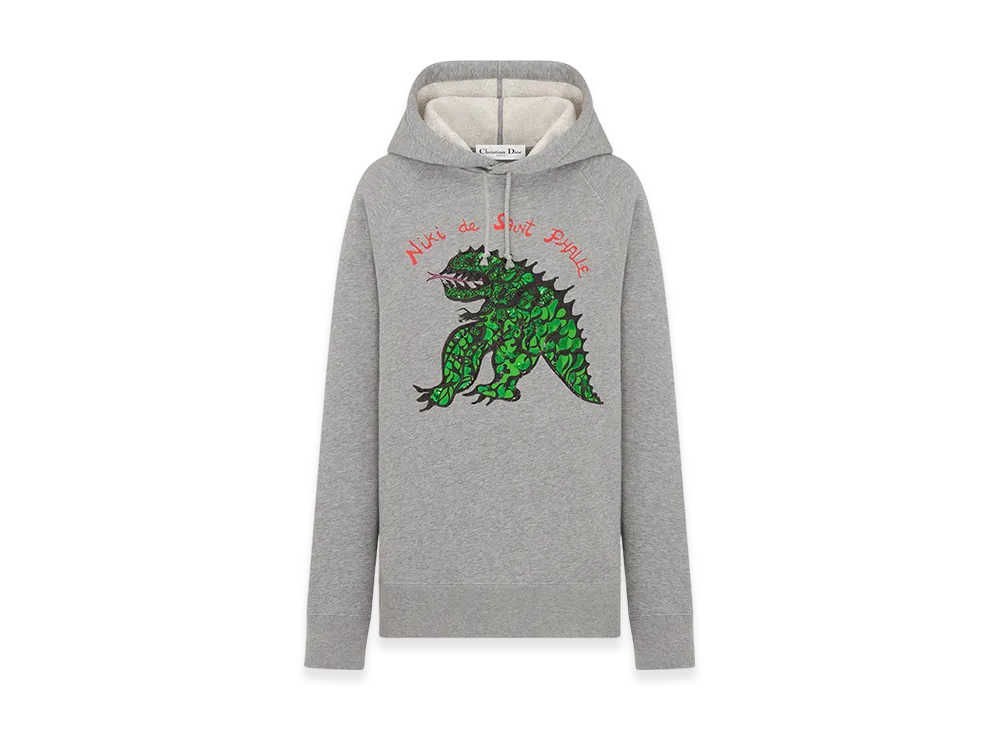 Dior Women's Embroidered Hooded Sweatshirt Jersey Dragon Motif "Gray/Green"