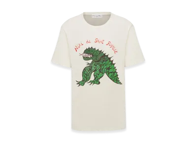 Dior Women's T-Shirt Linen Jersey Dragon Motif "White/Green"