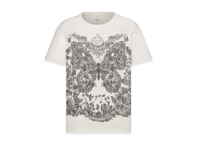 Dior Women's T-Shirt Linen Jersey Butterfly Around The World Motif "White/Pastel Pink"