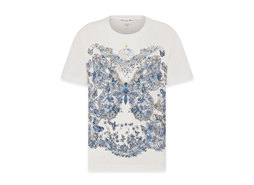Dior Women's T-Shirt Linen Jersey Butterfly Around The World Motif "White/Pastel Midnight Blue"