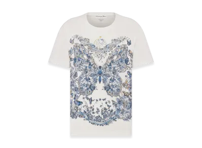 Dior Women's T-Shirt Linen Jersey Butterfly Around The World Motif "White/Pastel Midnight Blue"