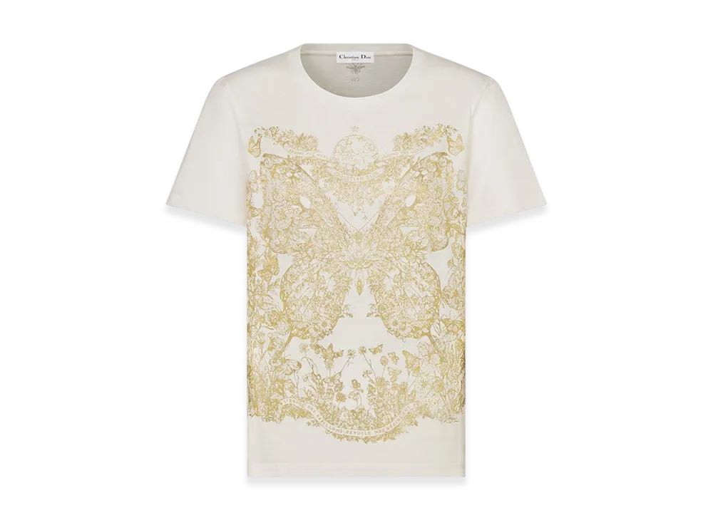 Dior Women's T-Shirt Jersey Butterfly Around The World Motif "White/Gold"