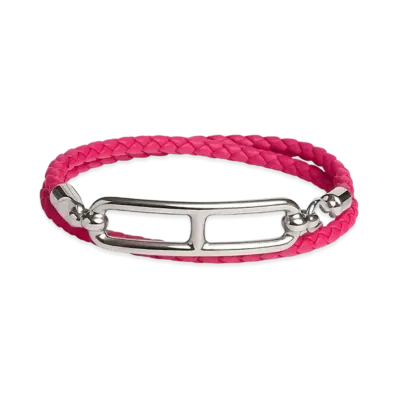 Hermes Roulis Double Tour Bracelet Swift "Palladium/Rose Mexico"