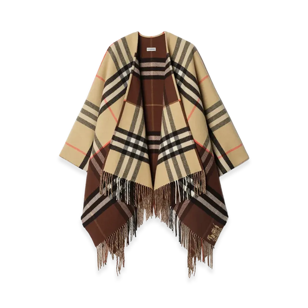 Burberry Women's Contrast Check Cashmere Wool Cape "Sand Beige/Treacle Brown"
