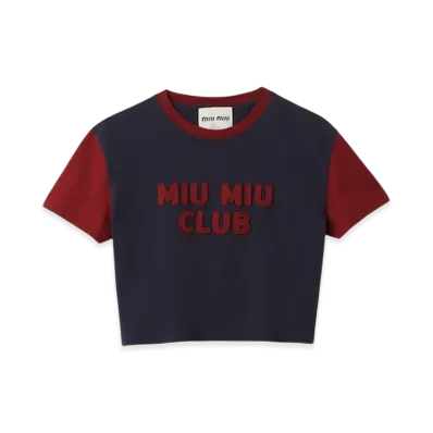 MIU MIU Women's Jersey T-Shirt with Embroidered Logo "Blue/Burgundy"