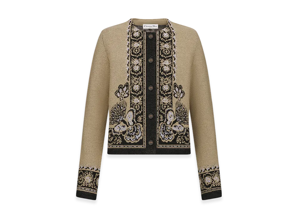 Dior Women's Cardigan Virgin Wool Cotton Jacquard Butterfly Bandana Motif "Beige/Black"