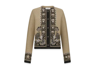 Dior Women's Cardigan Virgin Wool Cotton Jacquard Butterfly Bandana Motif "Beige/Black"