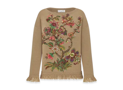 Dior Women's Embroidered Sweater Virgin Wool Cashmere Knit Albero della Vita Motif "Brown/Multicolor"