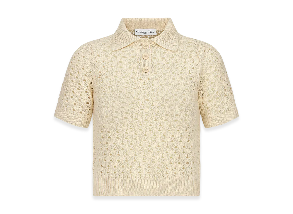 Dior Women's Macrocannage Polo Shirt Alpaca Cashmere Silk Openwork Knit "Ecru"
