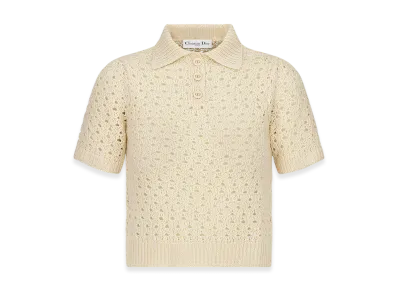 Dior Women's Macrocannage Polo Shirt Alpaca Cashmere Silk Openwork Knit "Ecru"