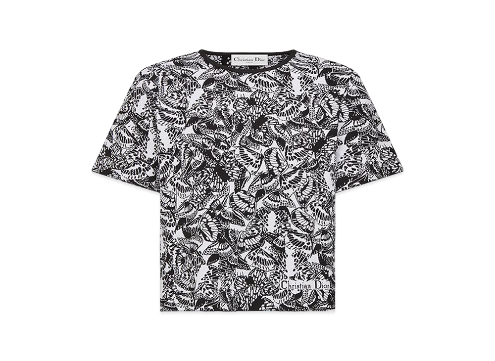 Dior Women's Short-Sleeved Top Technical Jacquard Allover Butterfly Motif "Black/White"