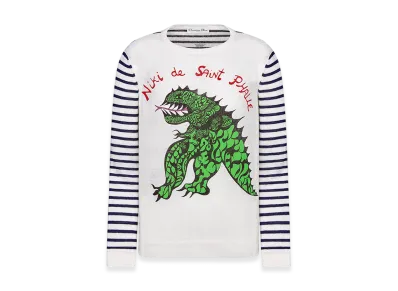 Dior Women's Mariniere Sweater Linen Cashmere Silk Knit Dragon Motif "Navy Blue/White/Green"