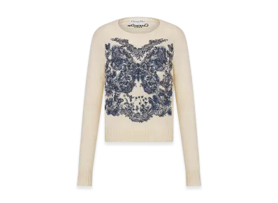 Dior Women's Embroidered Sweater Cashmere Knit Butterfly Around The World Motif "Ecru/Pastel Midnight Blue"