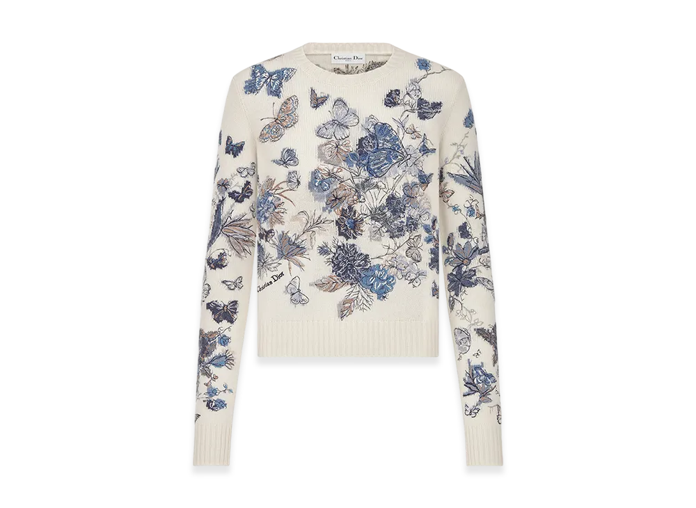 Dior Women's Embroidered Sweater Cashmere Knit Toile Mexico Motif "White/Pastel Midnight Blue"