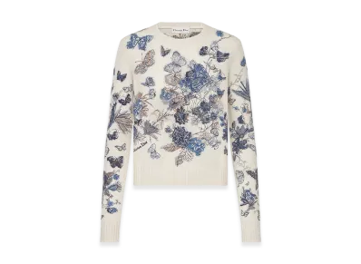 Dior Women's Embroidered Sweater Cashmere Knit Toile Mexico Motif "White/Pastel Midnight Blue"