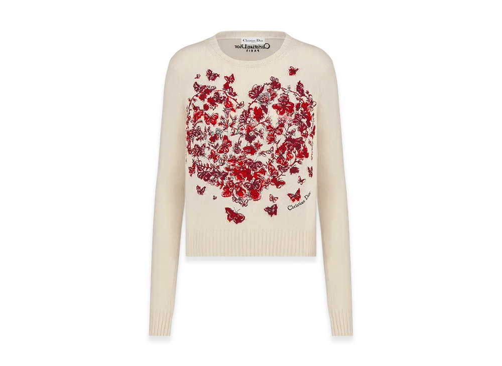 Dior Women's Embroidered Sweater Cashmere Knit Le Coeurs Papillons Motif "Ecru/Red"