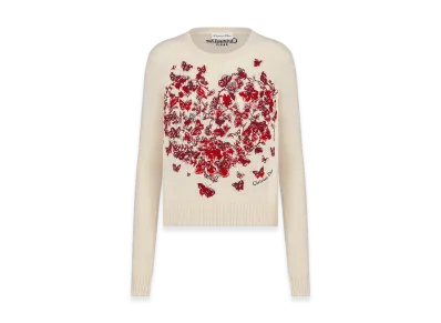 Dior Women's Embroidered Sweater Cashmere Knit Le Coeurs Papillons Motif "Ecru/Red"