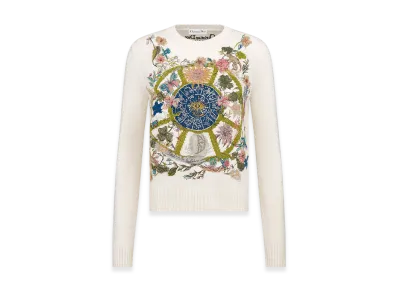 Dior Women's Embroidered Sweater Cashmere Knit Tarot La Roue La Fortune Motif "White/Multicolor"