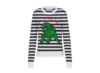 Dior Women's Embroidered Dior Mariniere Sweater Virgin Wool Cashmere Knit Dragon Motif "Navy Blue/White/Green"