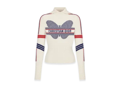 Dior Women's Dioralps Stand-Collar Sweater Wool Cashmere Knit Three Tone Butterfly Motif "White"