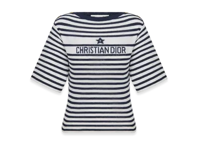 Dior Women's Mariniere Short-Sleeved Sweater Linen Cashmere Silk Ribbed Knit "White/Navy Blue"