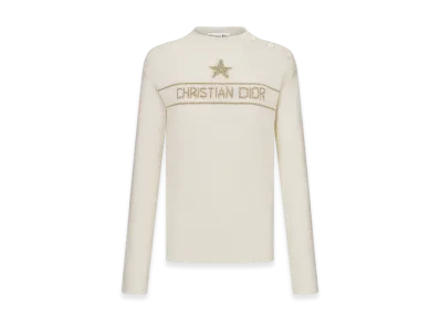 Dior Women's Embroidered Sweater Technical Cashmere Knit Signature "White/Gold"