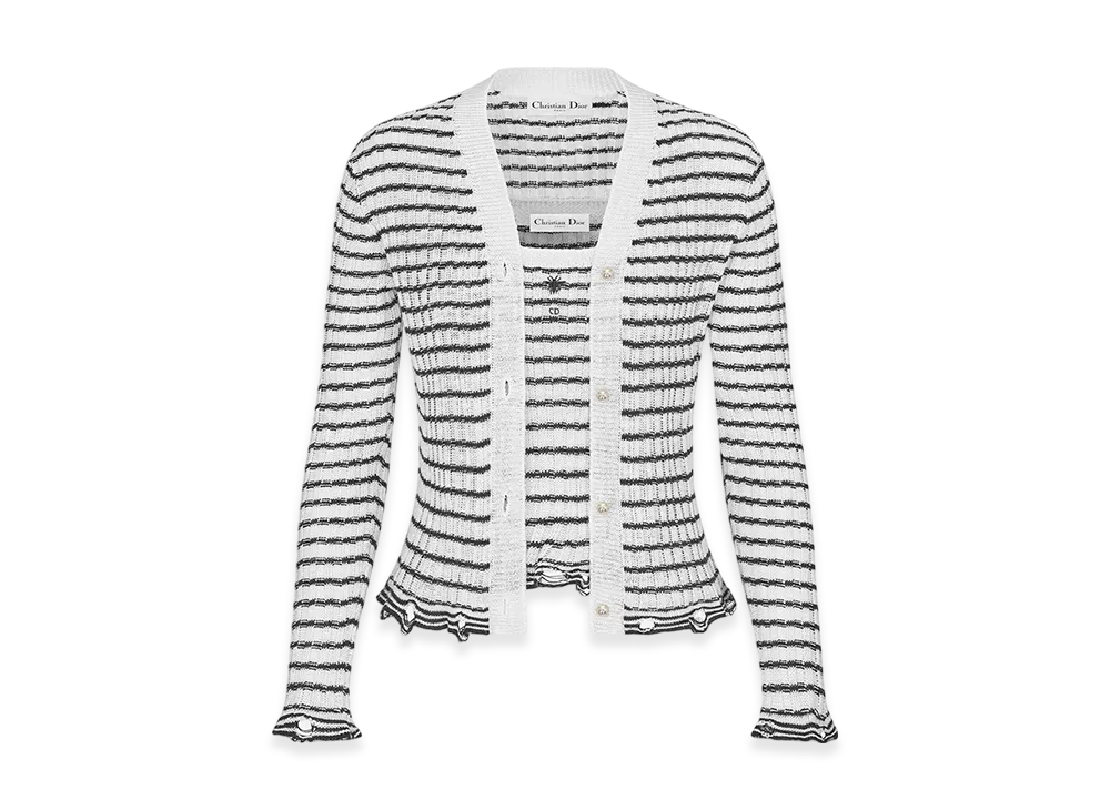 Dior Women's Twinset Linen Cashmere Silk Ribbed Knit "White/Navy Blue"