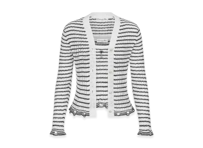 Dior Women's Twinset Linen Cashmere Silk Ribbed Knit "White/Navy Blue"