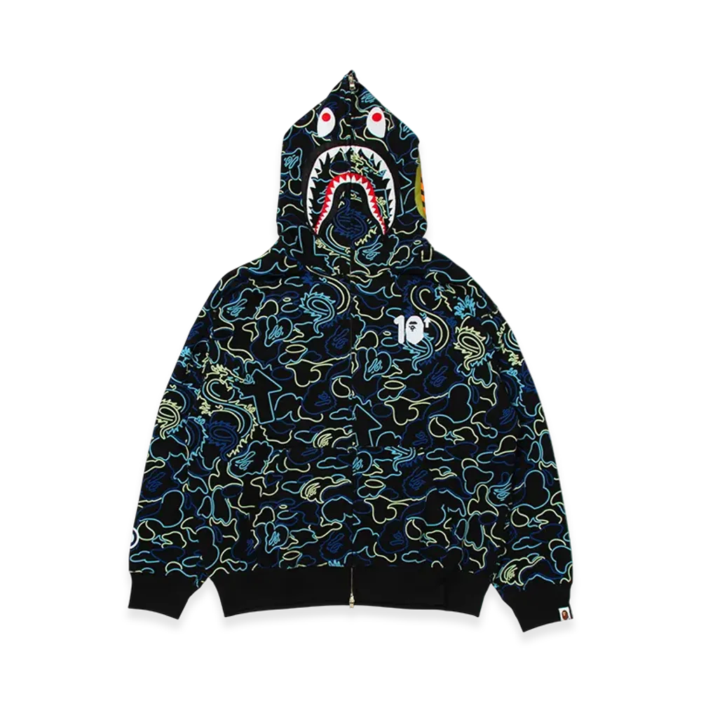 A BATHING APE x 88rising Glow In The Dark Camo Shark Full Zip Hoodie "Blue"