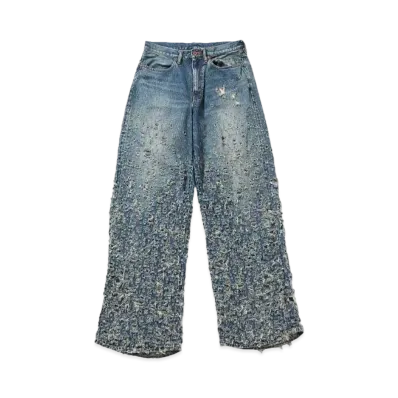 SUGARHILL CRUSHED MODERN DENIM WIDE TROUSERS "FADED INDIGO"