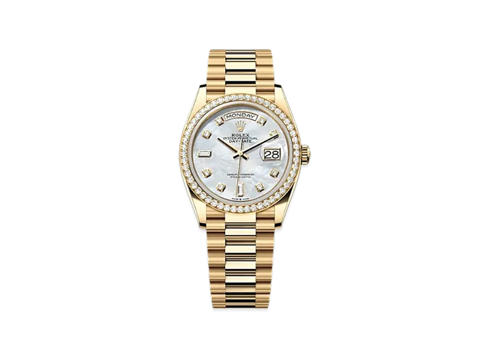 ROLEX Day-Date 36mm Yellow Gold Diamond 128348RBR "White Mother-of-Pearl"