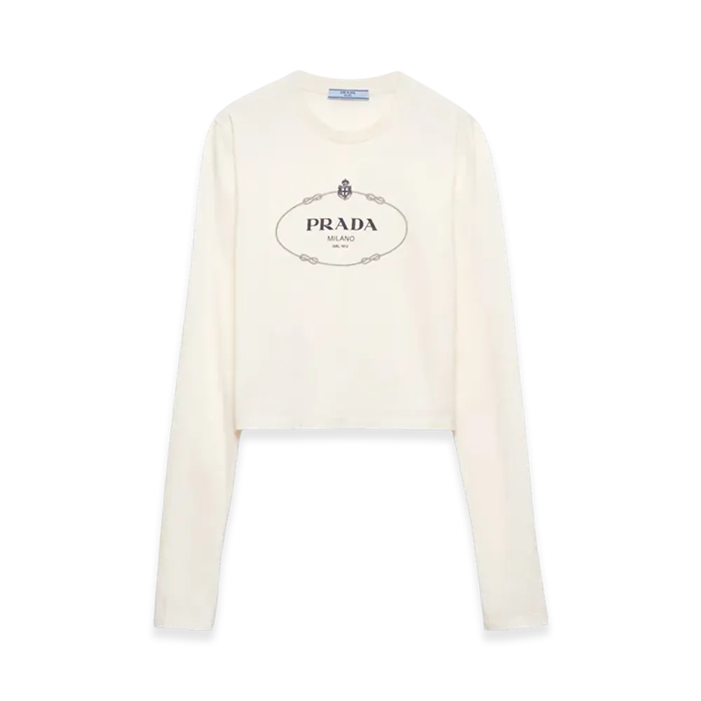 PRADA Women's Print Jersey Top "Ivory/Navy Blue"