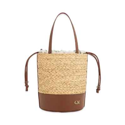 CHARLES & KEITH Leather & Raffia Bucket Bag "Brown"